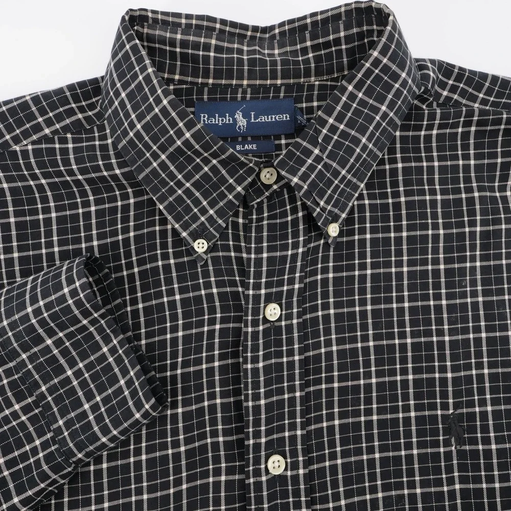 Vintage Polo Ralph Lauren Plaid Button Down Shirt Black Long Sleeve Mens XL